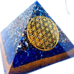 Orgonite Pyramide Bleu Fleur de vie dorée - Protection - Méditation - Bien être
