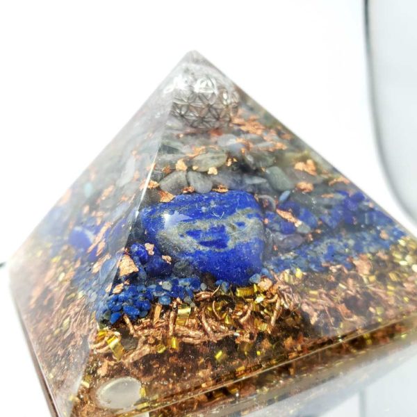 Pyramide Fleur de vie sphérique Argentée Lapis Lazuli - Protection - Harmonie - Créativité