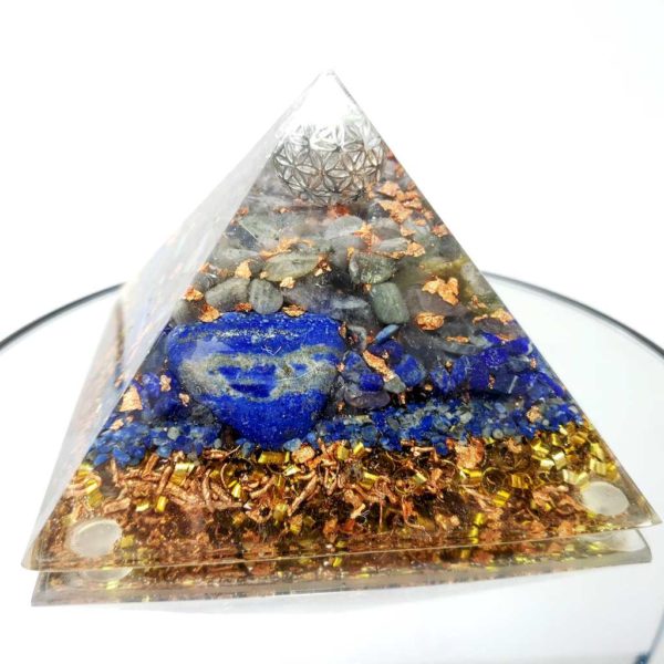Pyramide Fleur de vie sphérique Argentée Lapis Lazuli - Protection - Harmonie - Créativité